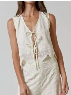 Cream Embroidered Tie-Front Vest